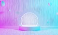 Neon light with podium white 3d and minimal white wood wall scene.minimal concept podium background 3d rendering. Abstract