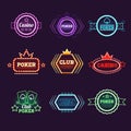 Neon Light Poker Club and Casino Emblems Set Royalty Free Stock Photo