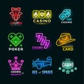 Neon light poker club and casino vector signs set Royalty Free Stock Photo