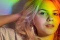 Neon light portrait freedom harmony relaxed woman Royalty Free Stock Photo