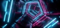 Neon Light Purple Blue Hyper Pentagonal Triangle Detailed Sci Fi Futuristic Alien Spaceship Reflective Metal Corridor Tunnel Gate