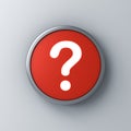Neon light question mark icon in red round sign button isolated on dark white wall background