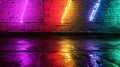 Neon light rays on brick wall with vibrant reflections on wet asphalt in a cyberpunk scene Royalty Free Stock Photo