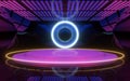 Neon light room with round stage in the center, 3d rendering Royalty Free Stock Photo