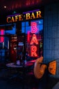 Neon light sign with bar and caffe. Bar and caffe neon sign. Dublin Ireland