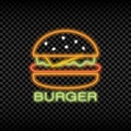 Neon light sign of burger cafe. Glowing and shining bright signboard of fast food logo. Vector