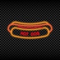 Neon light sign of hot dog cafe. Glowing and shining bright signboard of street food logo. Vector.