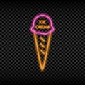 Neon light sign of ice cream. Glowing and shining bright signboard of cafe logo. Vector.