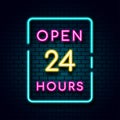 Neon light sign open 24 hours banner design on Brick Wall Royalty Free Stock Photo