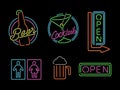 Neon light sign set icon retro bar beer open label