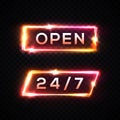 Neon light signboard 24 7 open time color set.