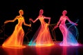 Neon light silhouettes of dancing girls on black background .