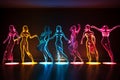 Neon light silhouettes of dancing girls on the stage under the spotlights.