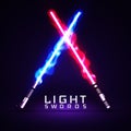 Neon light swords. crossed light, fire, flash and sparkles