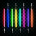 Neon light swords. crossed light sabers, flash and sparkles. Vector illustration isolated on transparent background