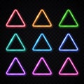 Neon light triangles set on transparent background