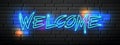 Neon light vector welcome message design on block wall black background