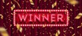 Neon light winner retro signboard and golden foil confetti against a red curtain background.