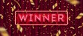 Neon light winner signboard and golden foil confetti against a red curtain background.