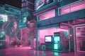 Neon lightened hotel lobby in synthwave style. Blue and purple hotel with palms in 80s style. Generated AI.