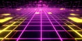 A neon lighting background featuring a grid of bright neon yellow and purple squares, creating a