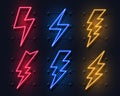 Neon lightning bolt. Glowing electric flash sign, thunderbolt electricity power icons. Vector lightning on black