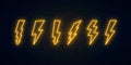 Neon lightning bolt set. Electric discharge neon symbols collection. Thunder and electricity sign Royalty Free Stock Photo