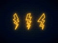 Neon lightning bolt set. High-voltage thunderbolt neon. Electric discharge symbol. Banner design, bright advertising