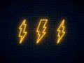 Neon lightning bolt set. High-voltage thunderbolt neon symbol. Banner design, bright advertising signboard