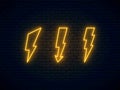 Neon lightning bolt set. High-voltage thunderbolt neon symbol. Lightning and electricity sign. Bright banner design