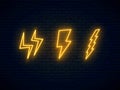 Neon lightning bolt set. High-voltage thunderbolt neon symbol. Three lightning, thunder and electricity sign