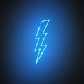 Neon lightning. Glowing blue flash sign on black background. Bright lightning bolt symbol.