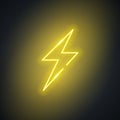 Neon lightning. Glowing flash sign on black background. Colorful and bright retro lightning bolt symbol.