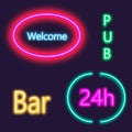 Neon lightning signboard Bar, welcome, pub. White vector brick wall background Royalty Free Stock Photo