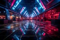 The neon lights of a Cyberpunk nightclub dance in the dark rythmic. Alien Light Distortion Glow paints the floor with electric