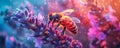 Neon lights glowing on beautiful bee on lavender flower in a close up shot in style of fantasy world with fantasy nature Royalty Free Stock Photo
