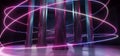 Neon Lights Magical Hall Alien Spaceship Fantasy Column Grunge Concrete Corridor Tunnel Underground Garage Laser Beams Purple Blue Royalty Free Stock Photo