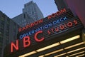 Neon lights of NBC Studios and Rainbow Room at Rockefeller Center, New York City, New York