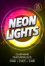 Neon lights party music poster. Electronic club deep music. Musical event disco trance sound. Night party invitation. Royalty Free Stock Photo