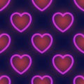 Neon Lights seamless pattern with glow effect, colorful shiny hearts, abstract shapes on a black background Royalty Free Stock Photo