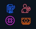 Close button, Identity confirmed and Feather signature icons. Cash money sign.