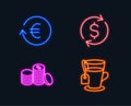 Dollar exchange, Exchange currency and Banking money icons. Tea sign. Banking rates, Cash finance, Glass mug.