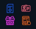 Identification card, Upload file and Gift box icons. Internet report sign.