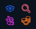 Love, Research and Opened box icons. Tips sign. Woman in love, Magnifying glass, Shipping parcel. Cash coins.