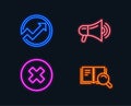 Megaphone, Audit and Close button icons. Search book sign. Advertisement, Arrow graph, Delete or decline.