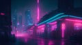 neon lights and signs in a futuristic cyberpunk city. futuristic structures in a cyberpunk city. Generative AI Illustration. Royalty Free Stock Photo