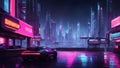 neon lights and signs in a futuristic cyberpunk city. futuristic structures in a cyberpunk city. Generative AI Illustration. Royalty Free Stock Photo