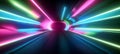 Neon Lights Tunnel, Abstract Background, Speed Motion Blur, Fast Track, Virtual Reality Royalty Free Stock Photo