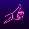 Neon like sign with glowing tubes, One line drawing of hand showing great sign. Continuous line finger up. Hand-drawn