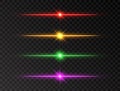 Neon line set. Color shine beams. Glowing line set on transparent background. Realistic lens flare set. Flash with rays and spotli